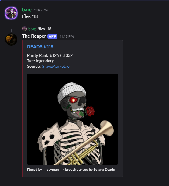 Example of !flex 118 response in Discord, showing a Solana Deads NFT with rarity info