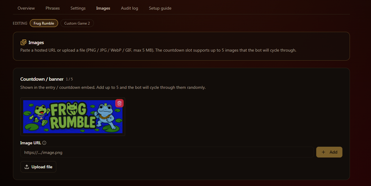 The dashboard Images tab showing the Countdown / banner slot with an uploaded image and Add / Upload controls